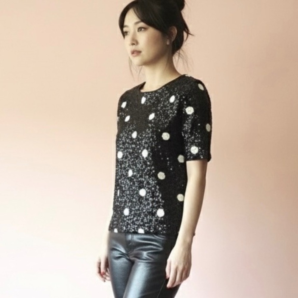 J Crew Sequin Polka Dot Shirt Women‎ XS Black White Short Sleeve Party Event